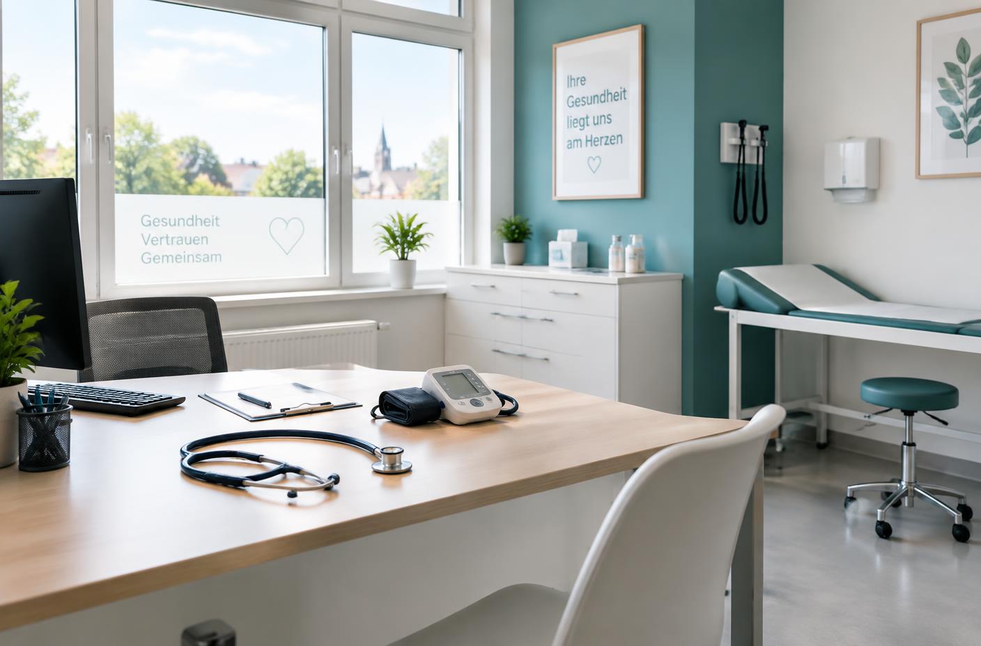 Heller Sprechzimmer-Arbeitsplatz mit Stethoskop und Blutdruckmessgerät