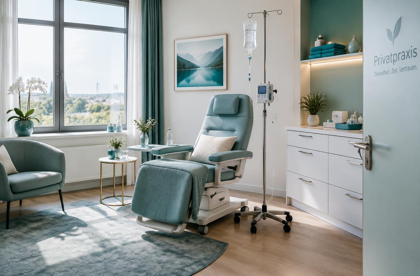 Ruhiger Behandlungsraum mit Infusionsstuhl und Tageslicht