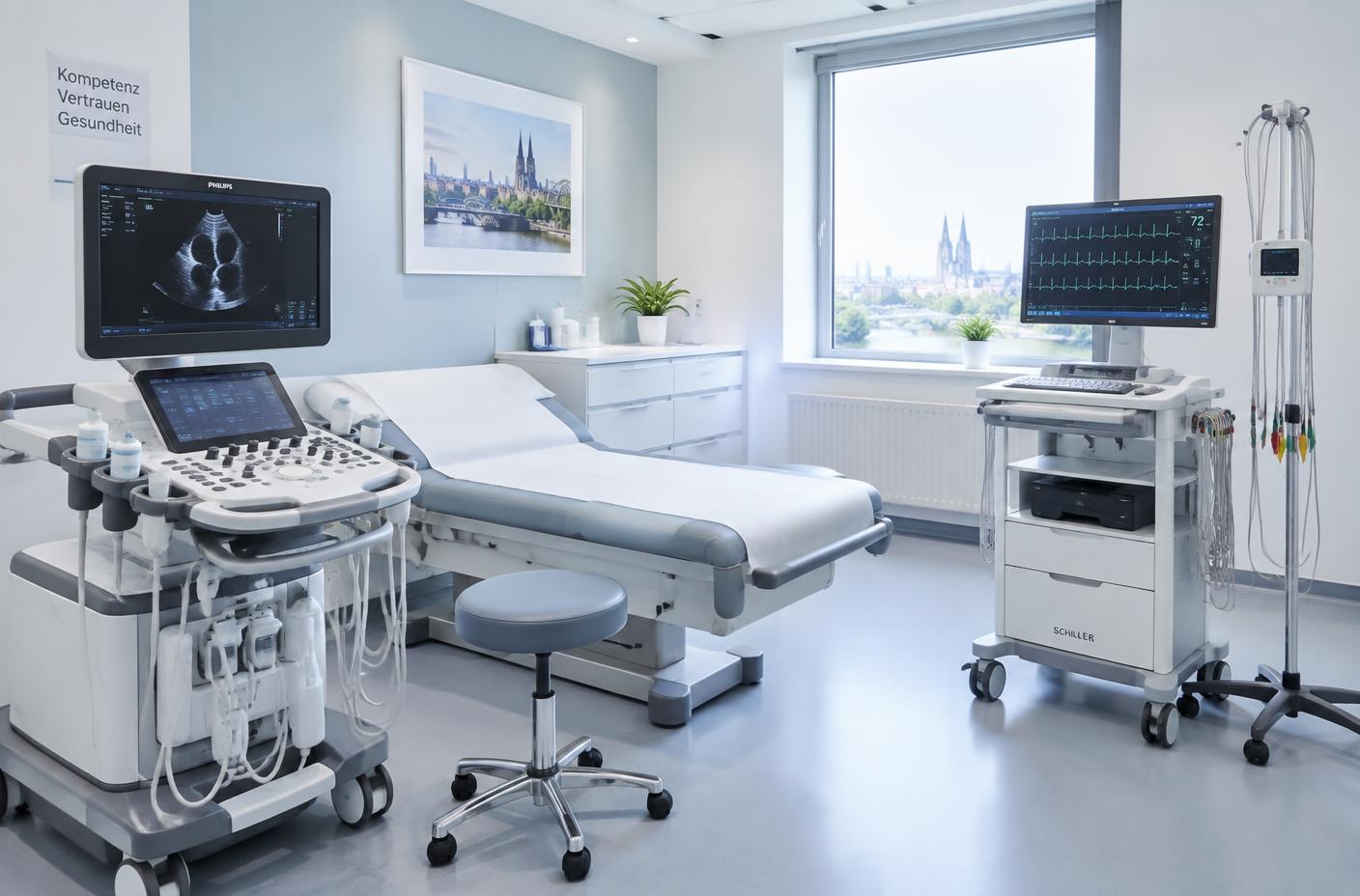 Moderner Diagnostikraum mit Ultraschallgerät und EKG